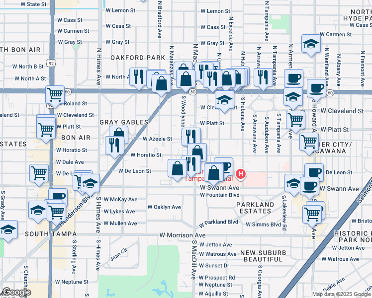 map of restaurants, bars, coffee shops, grocery stores, and more near 403 South MacDill Avenue in Tampa