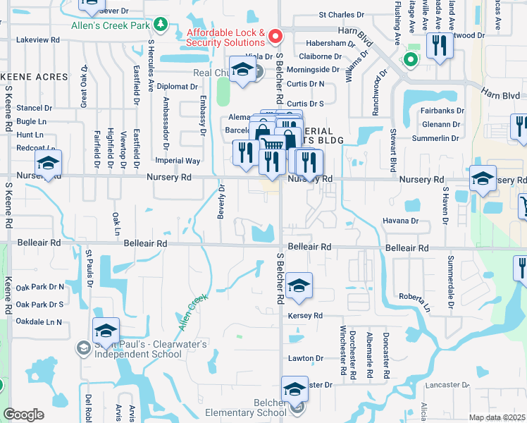 map of restaurants, bars, coffee shops, grocery stores, and more near 1550 South Belcher Road in Clearwater