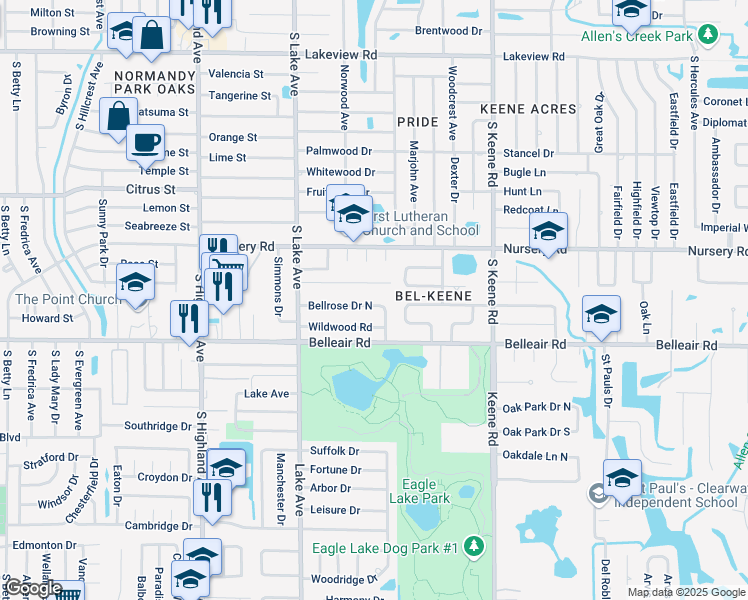 map of restaurants, bars, coffee shops, grocery stores, and more near 1696 Bellrose Drive North in Clearwater
