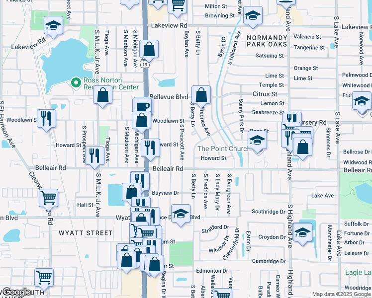 map of restaurants, bars, coffee shops, grocery stores, and more near 1544 Betty Lane Court in Clearwater