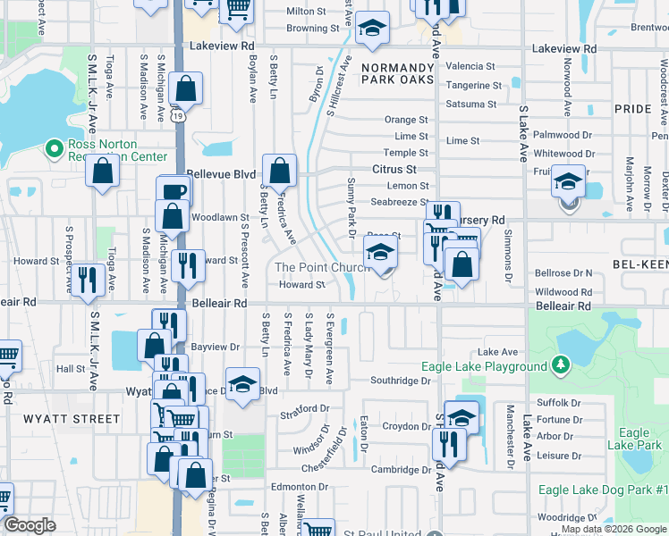 map of restaurants, bars, coffee shops, grocery stores, and more near 1565 South Evergreen Avenue in Clearwater