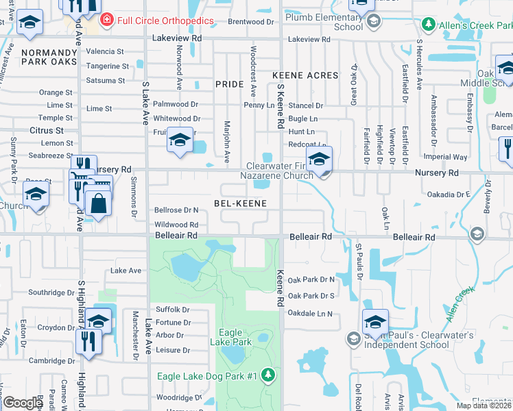 map of restaurants, bars, coffee shops, grocery stores, and more near 1764 Faulds Road North in Clearwater