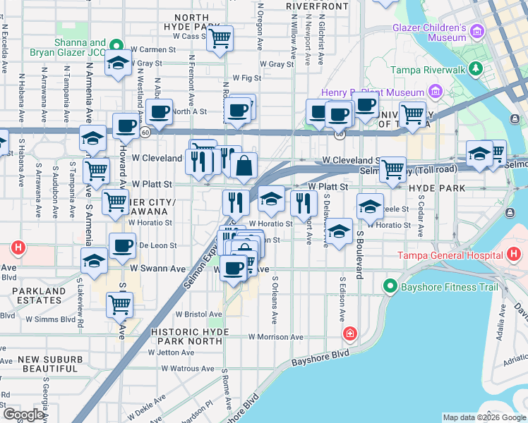 map of restaurants, bars, coffee shops, grocery stores, and more near 410 South Oregon Avenue in Tampa