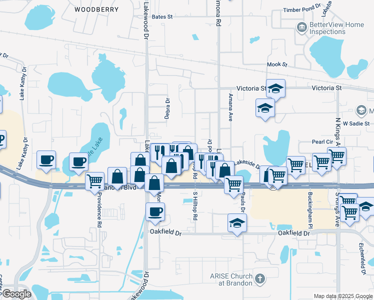 map of restaurants, bars, coffee shops, grocery stores, and more near 1420 Highland Ridge Circle in Brandon