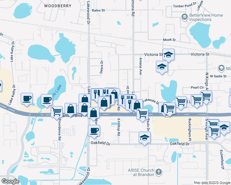 map of restaurants, bars, coffee shops, grocery stores, and more near 1420 Highland Ridge Circle in Brandon