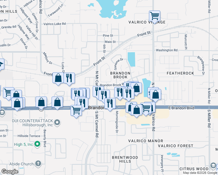 map of restaurants, bars, coffee shops, grocery stores, and more near 110 Chardonnay Place in Valrico