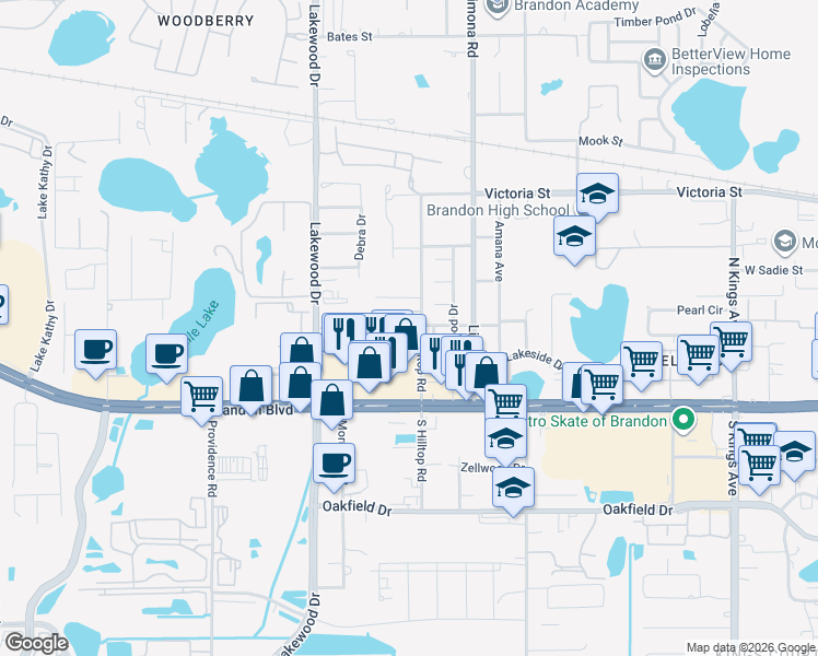 map of restaurants, bars, coffee shops, grocery stores, and more near 1420 Highland Ridge Circle in Brandon