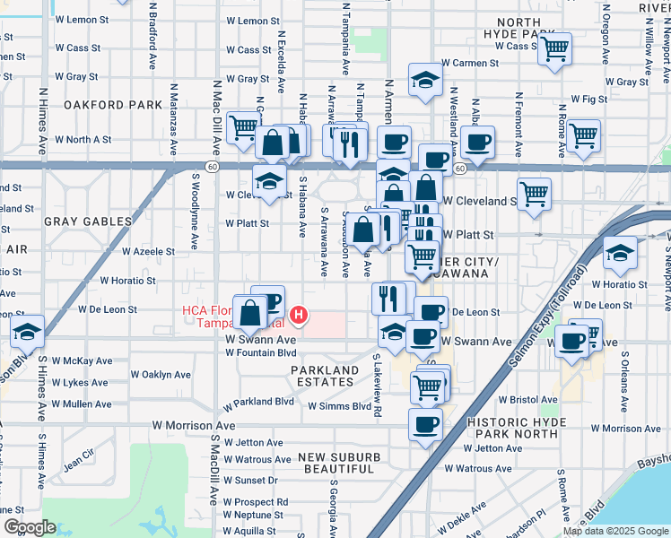 map of restaurants, bars, coffee shops, grocery stores, and more near 408 South Arrawana Avenue in Tampa