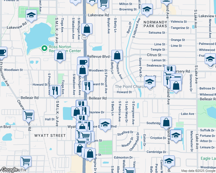 map of restaurants, bars, coffee shops, grocery stores, and more near 1544 Betty Lane Court in Clearwater