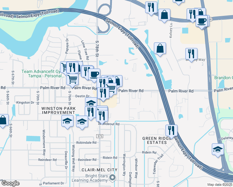 map of restaurants, bars, coffee shops, grocery stores, and more near 7857 Palm River Road in Tampa