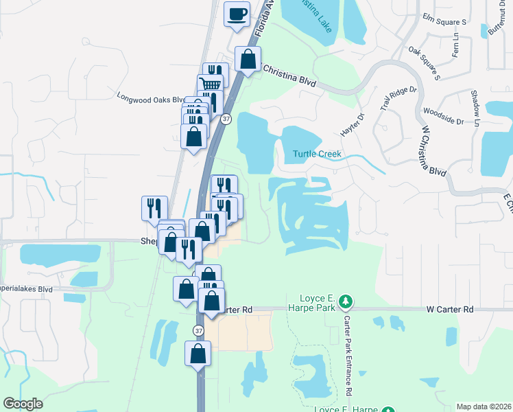 map of restaurants, bars, coffee shops, grocery stores, and more near 6841 Shimmering Drive in Lakeland
