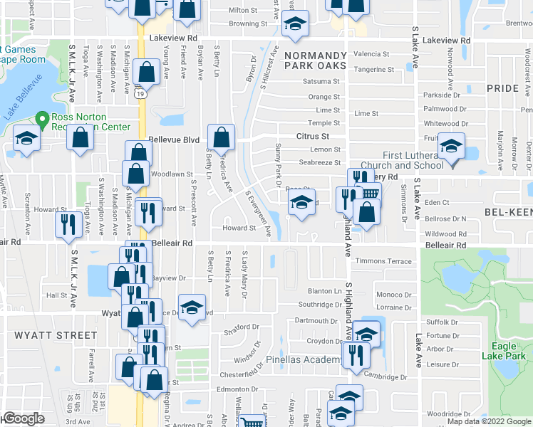 map of restaurants, bars, coffee shops, grocery stores, and more near 1560 South Evergreen Avenue in Clearwater