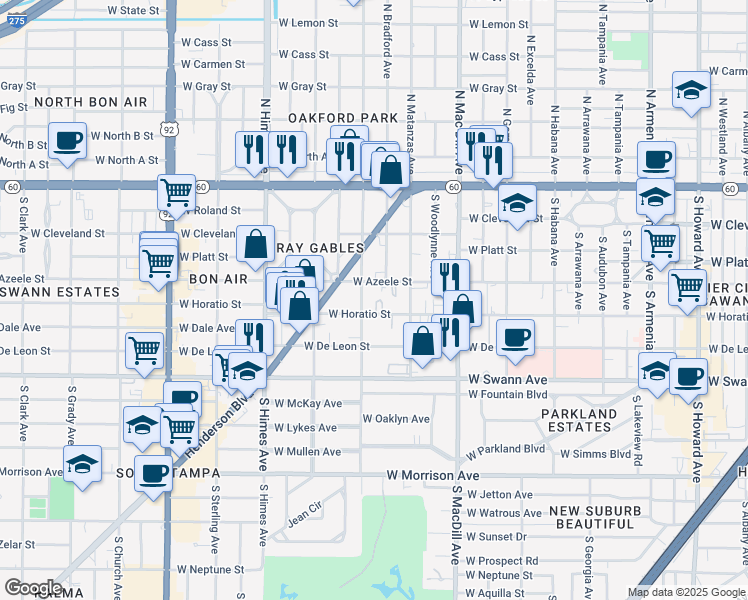 map of restaurants, bars, coffee shops, grocery stores, and more near 3221 Marcellus Circle in Tampa