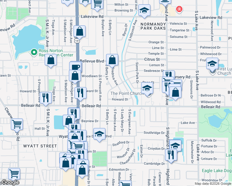 map of restaurants, bars, coffee shops, grocery stores, and more near 1318 Ann Circle in Clearwater