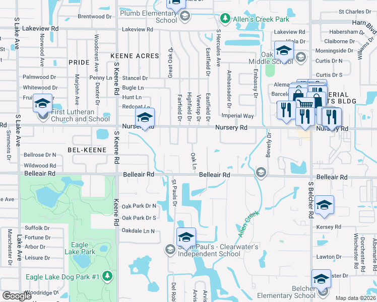 map of restaurants, bars, coffee shops, grocery stores, and more near 1544 Oak Lane in Clearwater