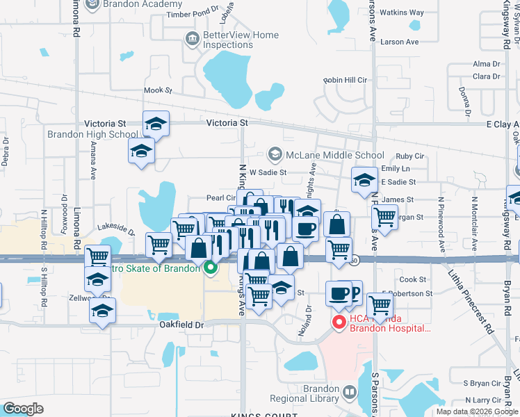 map of restaurants, bars, coffee shops, grocery stores, and more near 604 Golden Raintree Place in Brandon