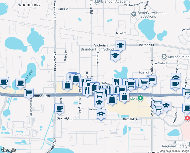 map of restaurants, bars, coffee shops, grocery stores, and more near 1301 Shady Lane in Brandon