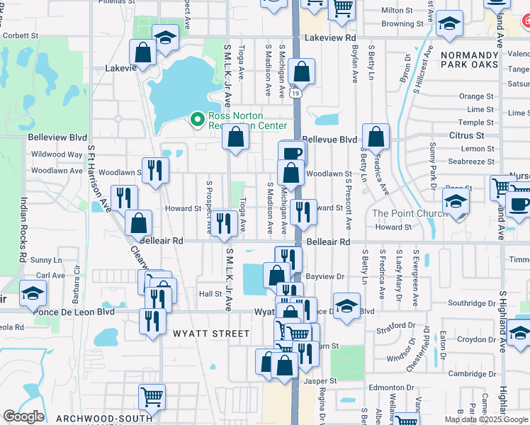 map of restaurants, bars, coffee shops, grocery stores, and more near 1141 Howard Street in Clearwater