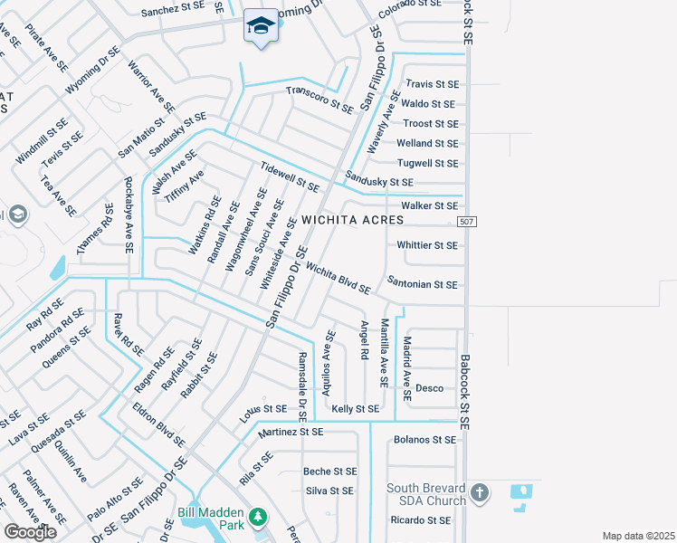 map of restaurants, bars, coffee shops, grocery stores, and more near 1485 Wichita Boulevard Southeast in Palm Bay