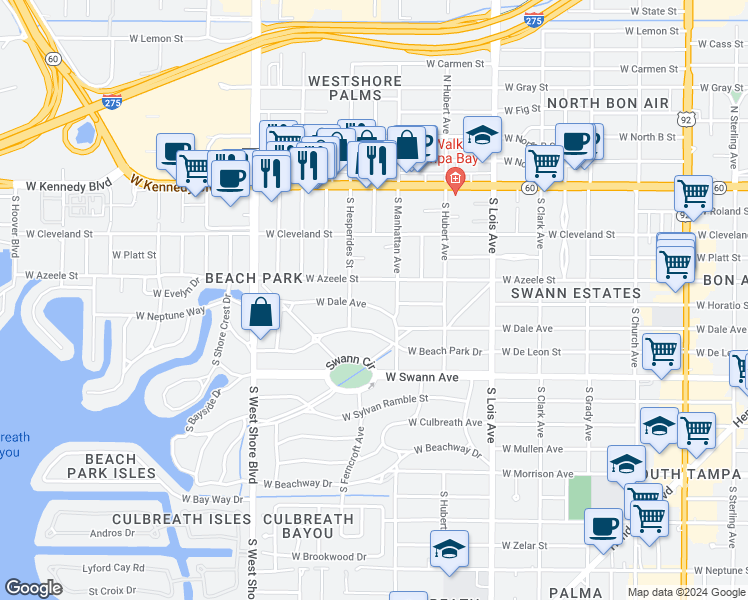 map of restaurants, bars, coffee shops, grocery stores, and more near 4409 West Dale Avenue in Tampa