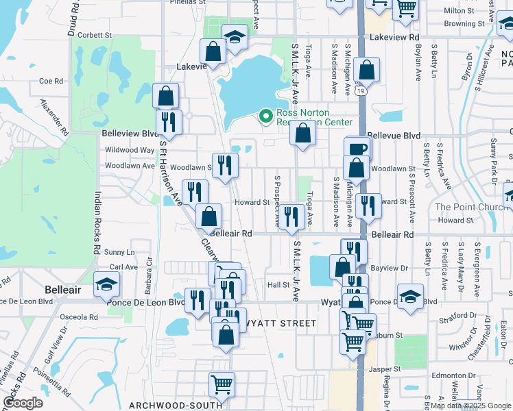 map of restaurants, bars, coffee shops, grocery stores, and more near 1555 Scranton Avenue in Clearwater