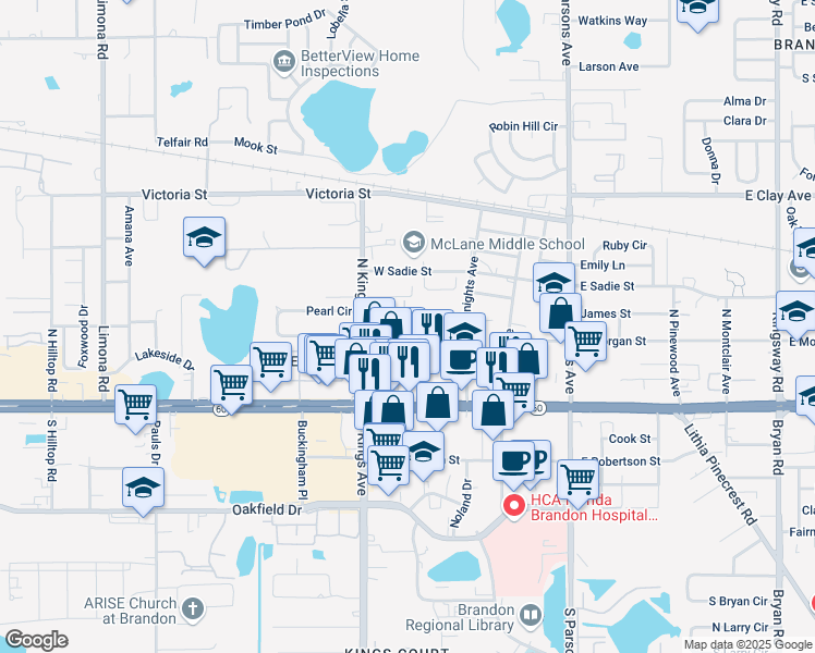 map of restaurants, bars, coffee shops, grocery stores, and more near 609 Golden Raintree Place in Brandon