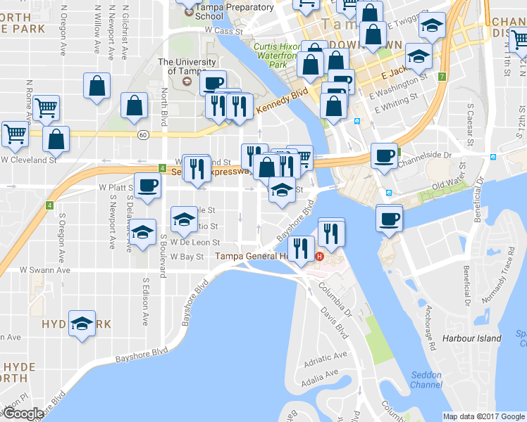 map of restaurants, bars, coffee shops, grocery stores, and more near 326 South Plant Avenue in Tampa
