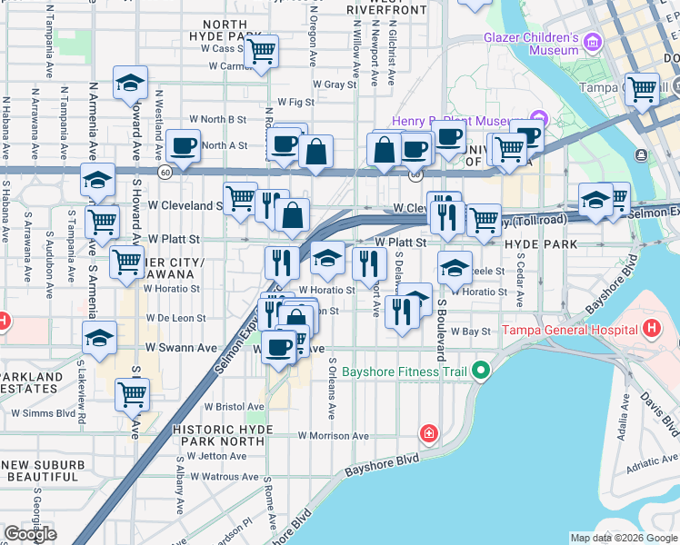 map of restaurants, bars, coffee shops, grocery stores, and more near 405 South Willow Avenue in Tampa