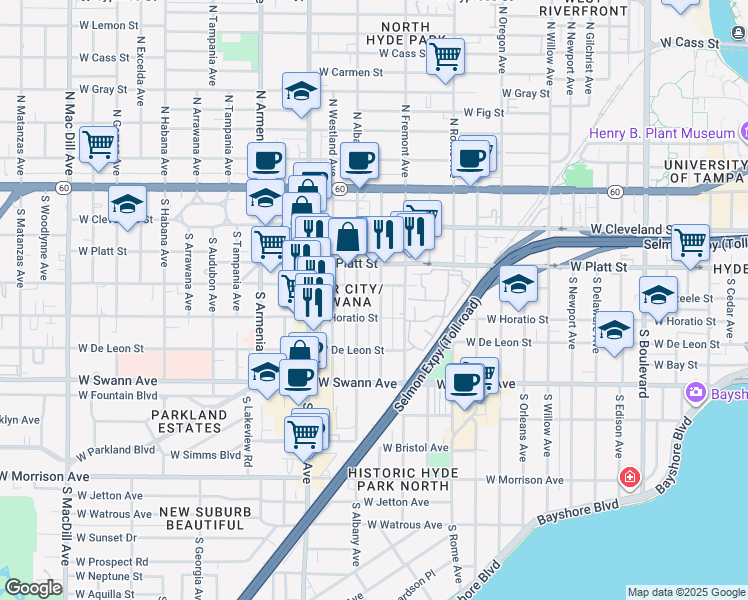 map of restaurants, bars, coffee shops, grocery stores, and more near 406 South Albany Avenue in Tampa