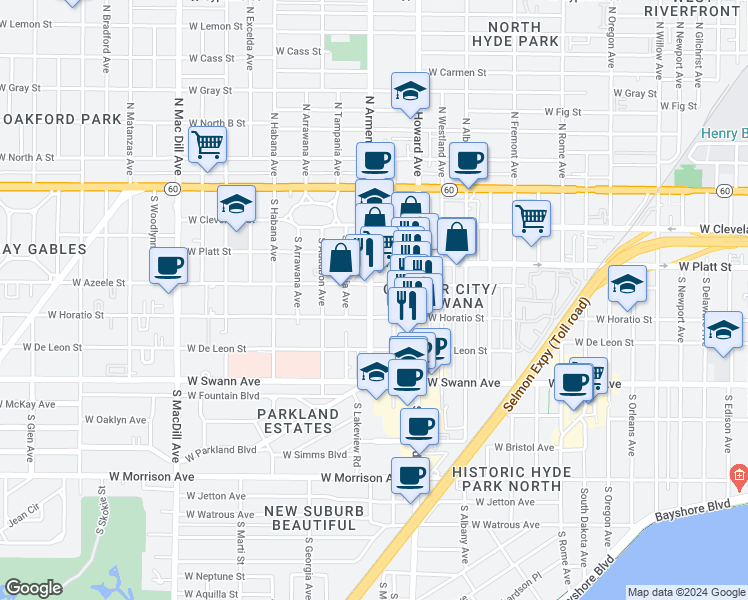map of restaurants, bars, coffee shops, grocery stores, and more near 410 South Armenia Avenue in Tampa