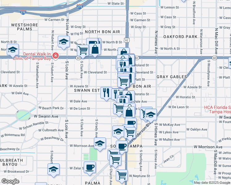 map of restaurants, bars, coffee shops, grocery stores, and more near 3819 West Horatio Street in Tampa