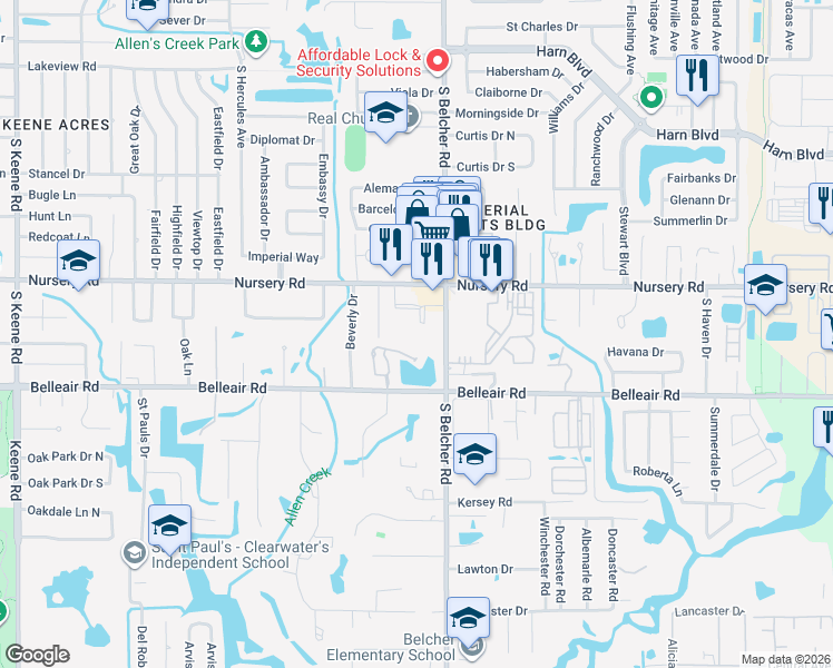 map of restaurants, bars, coffee shops, grocery stores, and more near 1550 South Belcher Road in Clearwater