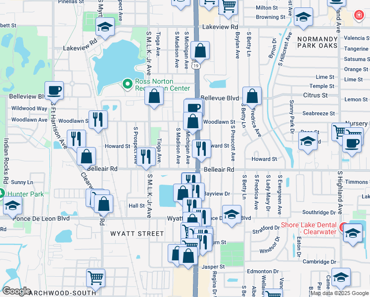 map of restaurants, bars, coffee shops, grocery stores, and more near 1167 Howard Street in Clearwater