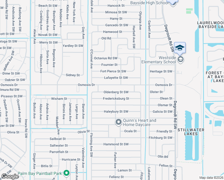 map of restaurants, bars, coffee shops, grocery stores, and more near 511 Oldenberg Street Southwest in Palm Bay