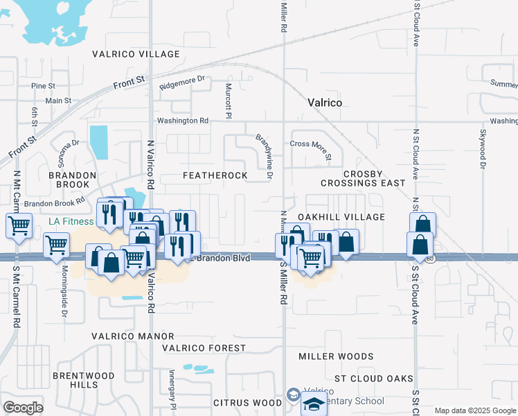 map of restaurants, bars, coffee shops, grocery stores, and more near 2402 Camden Oaks Place in Valrico