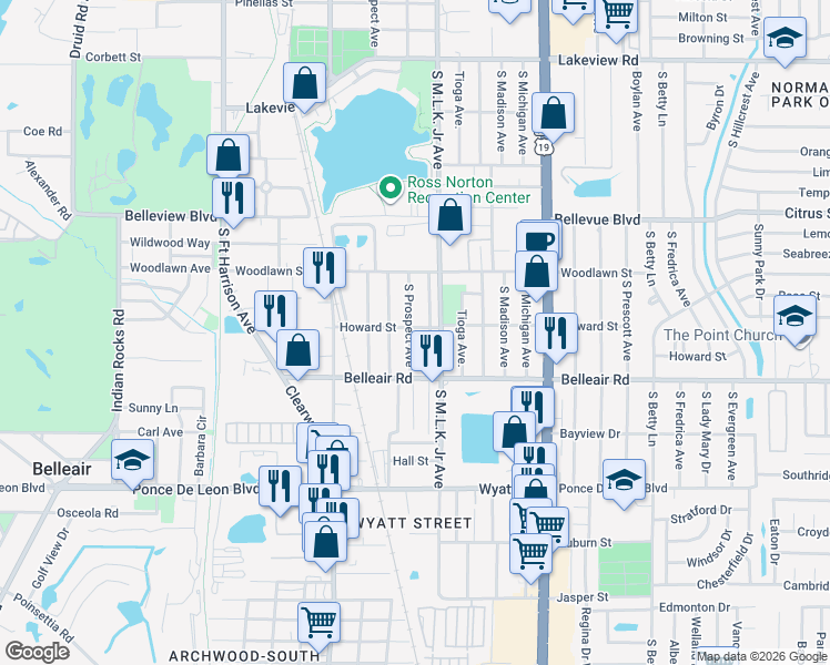 map of restaurants, bars, coffee shops, grocery stores, and more near 1555 South Prospect Avenue in Clearwater