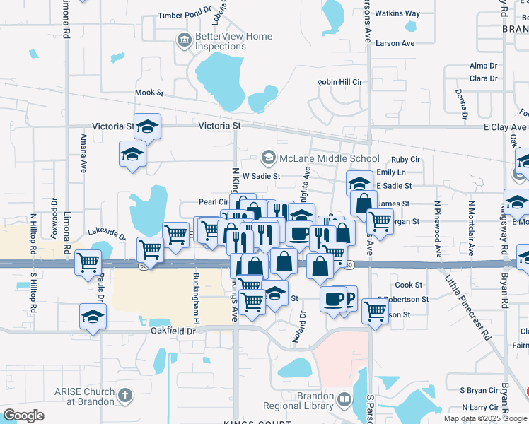 map of restaurants, bars, coffee shops, grocery stores, and more near 609 Golden Raintree Place in Brandon
