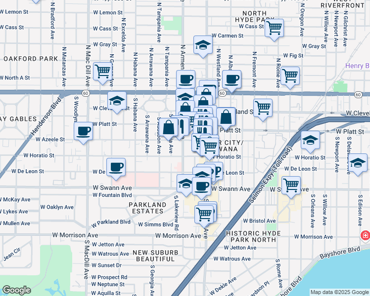map of restaurants, bars, coffee shops, grocery stores, and more near 410 South Armenia Avenue in Tampa