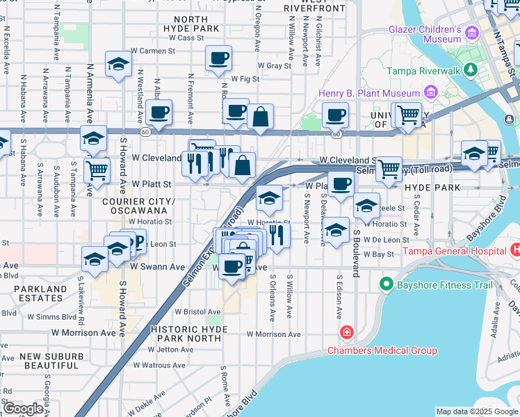 map of restaurants, bars, coffee shops, grocery stores, and more near 410 South Oregon Avenue in Tampa