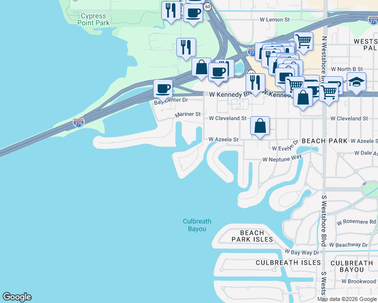 map of restaurants, bars, coffee shops, grocery stores, and more near 50 Sandpiper Road in Tampa