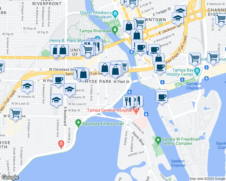 map of restaurants, bars, coffee shops, grocery stores, and more near 211 West Beach Place in Tampa