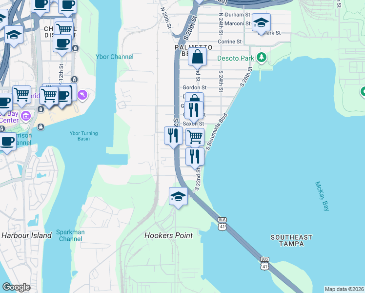 map of restaurants, bars, coffee shops, grocery stores, and more near 2016 Maple Avenue in Tampa