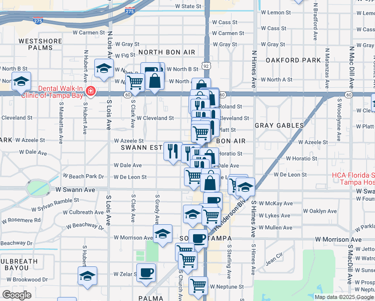 map of restaurants, bars, coffee shops, grocery stores, and more near 3819 West Horatio Street in Tampa