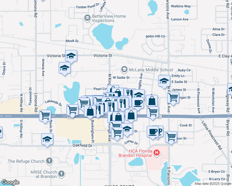 map of restaurants, bars, coffee shops, grocery stores, and more near 604 Golden Raintree Place in Brandon