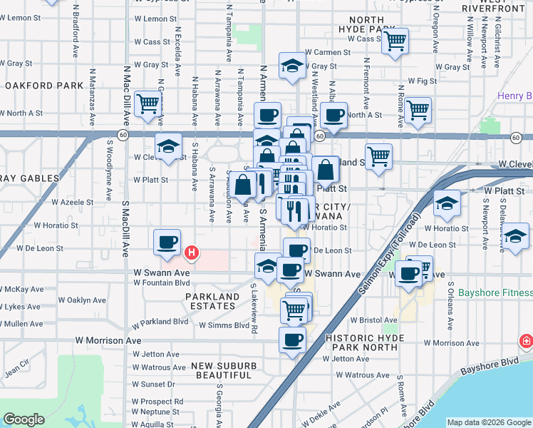 map of restaurants, bars, coffee shops, grocery stores, and more near 410 South Armenia Avenue in Tampa