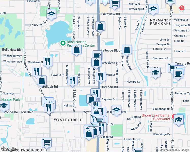 map of restaurants, bars, coffee shops, grocery stores, and more near 1167 Howard Street in Clearwater