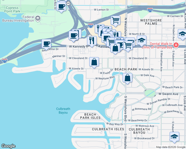 map of restaurants, bars, coffee shops, grocery stores, and more near 409 Barbara Lane in Tampa
