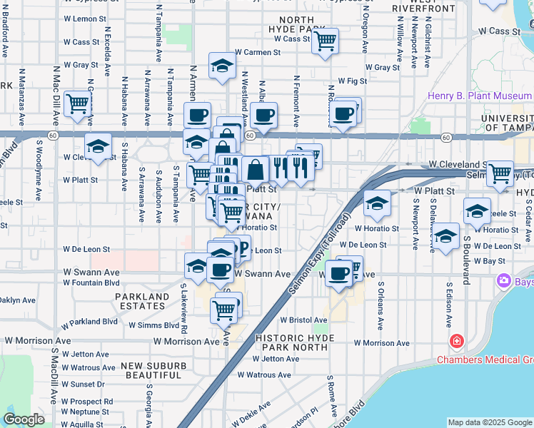 map of restaurants, bars, coffee shops, grocery stores, and more near 406 South Albany Avenue in Tampa