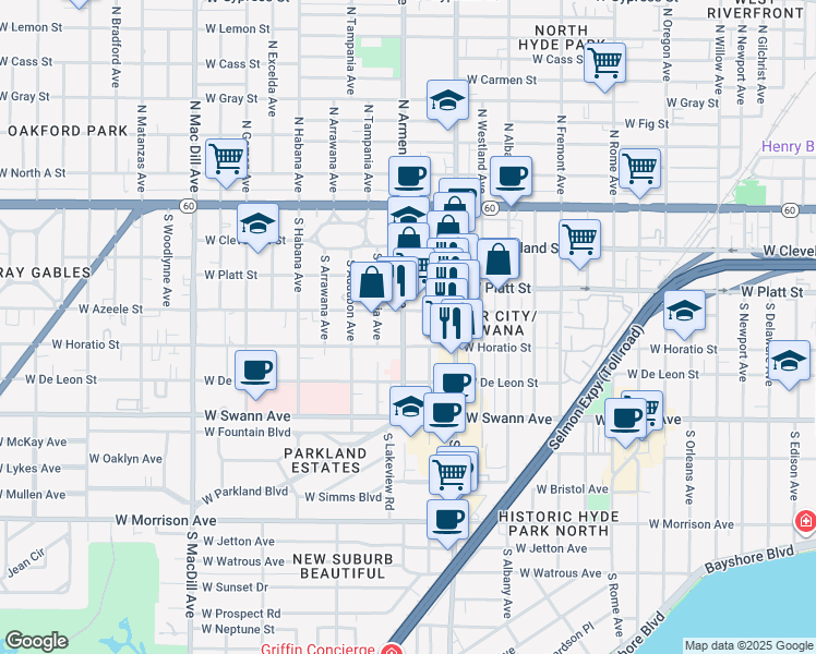 map of restaurants, bars, coffee shops, grocery stores, and more near 410 South Armenia Avenue in Tampa