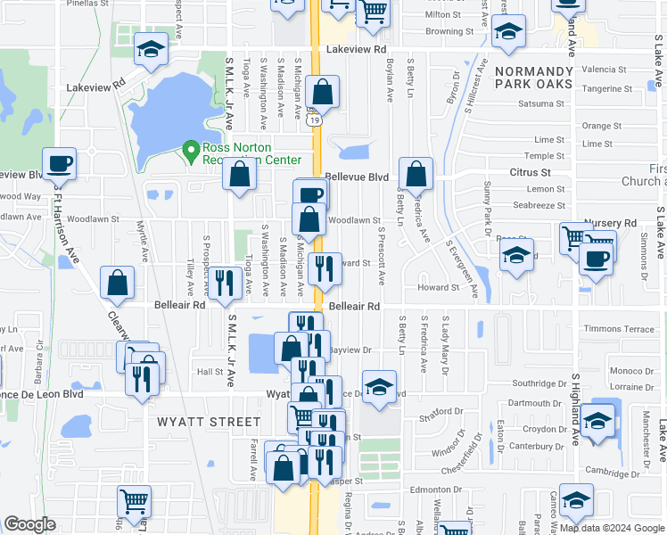 map of restaurants, bars, coffee shops, grocery stores, and more near 1550 South Jefferson Avenue in Clearwater